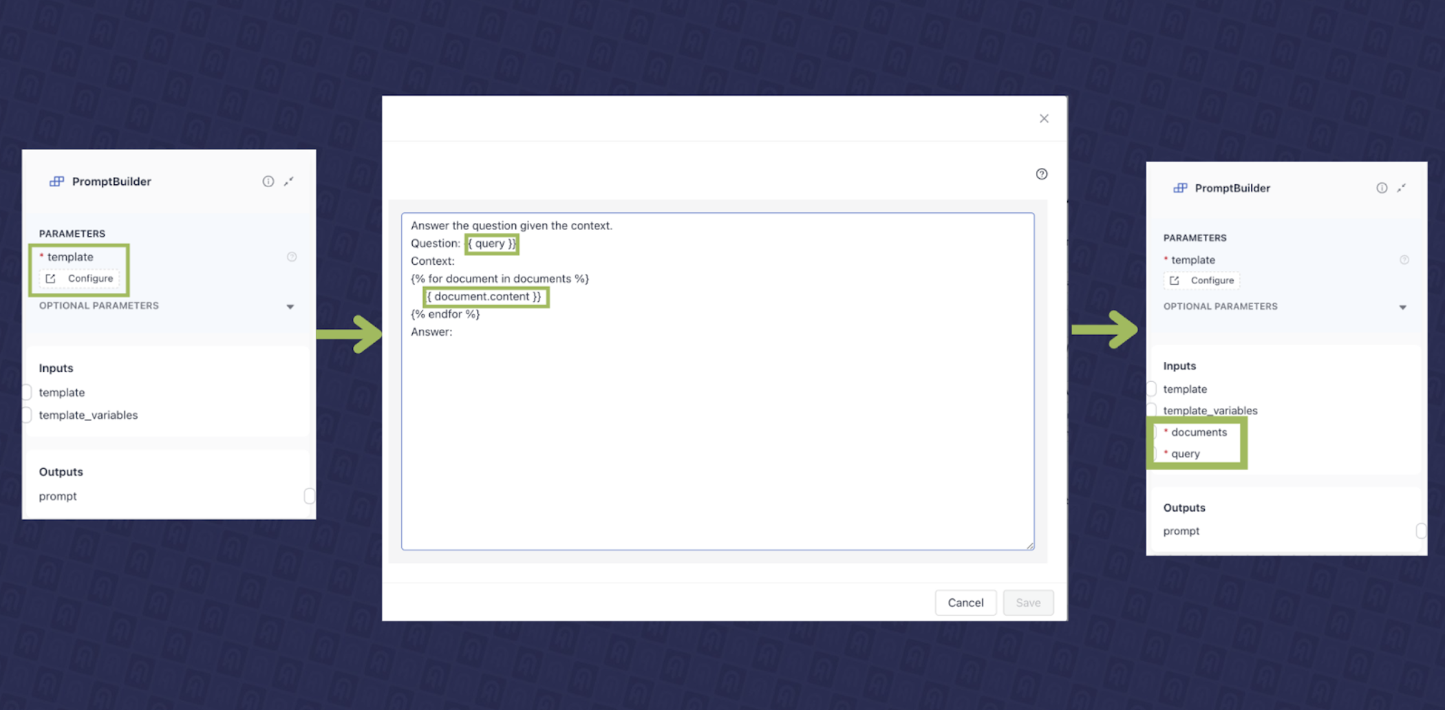 Fig. 5 - PromtBuilder configuration in the deepset Studio.